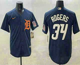 Mens Detroit Tigers #34 Jake Rogers Navy Alternate With Patch Cool Base Stitched Jersey